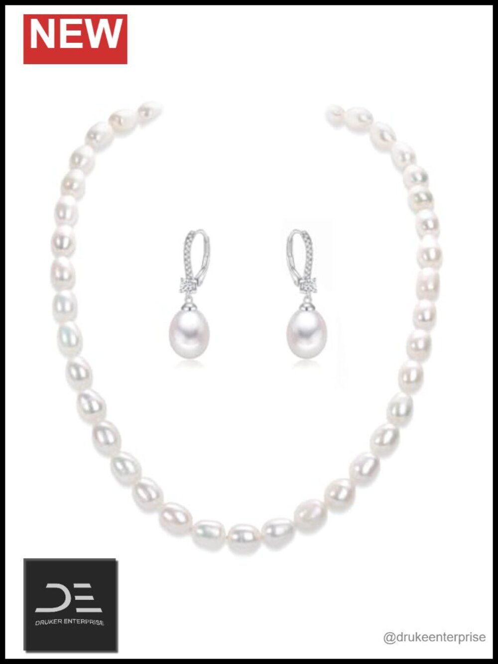 Freshwater Pearl Necklace and Drop Earrings Set 925 Sterling Silver Jewelry